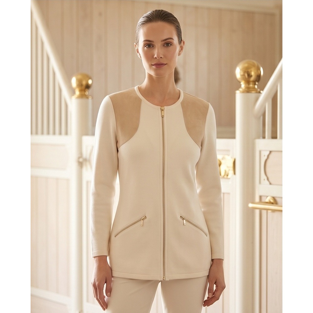 Vintage SEMPLICE Womens S  Cream Suede‎ Trim Zip Front Cardigan Y2K Wool *Stain*
